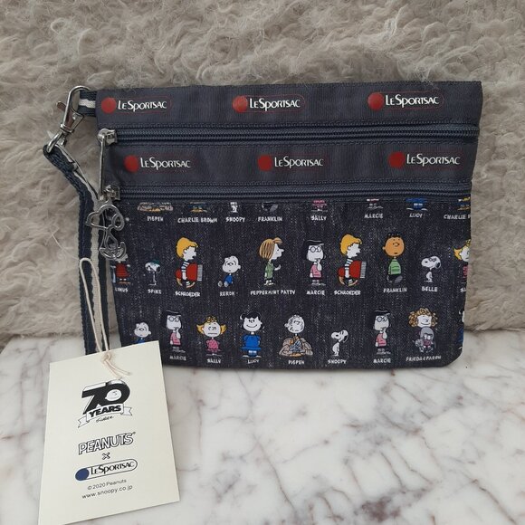 Lesportsac Handbags - LeSportsac PEANUTS Navy Blue Hand Strap Bag Two Zipper Cosmetic Coin Purse